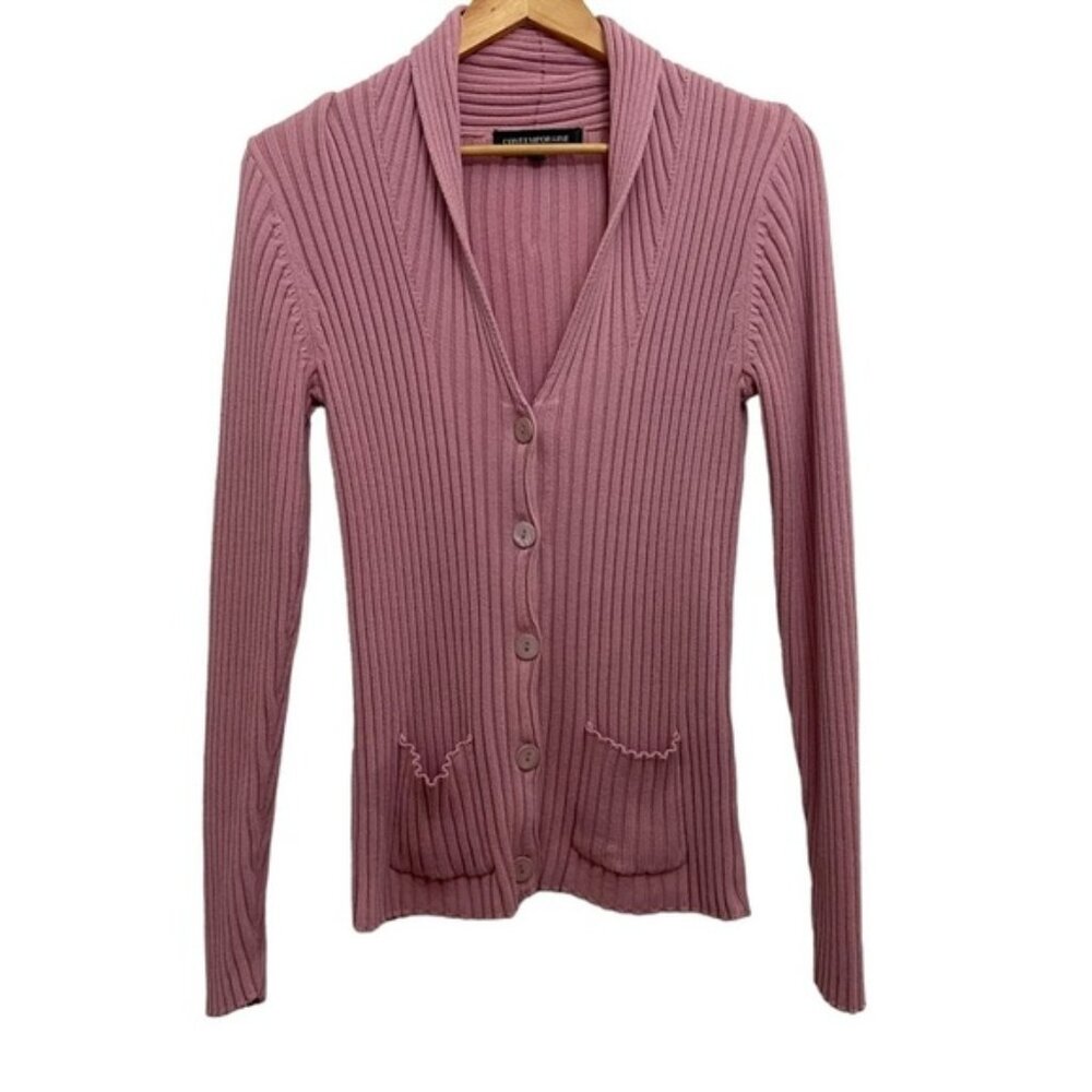 Contemporaine pink knit cardigan button closure 100% cotton front pockets medium